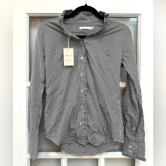 Peter Millar Black White Checkered Button Down Ruffle Collar Sleeve Blouse XS - Picture 10 of 10